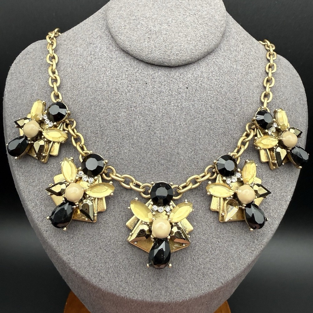 J Crew Black & Gold Faceted Rhinestone Chunky Bib Necklace Vintage Y2K Statement